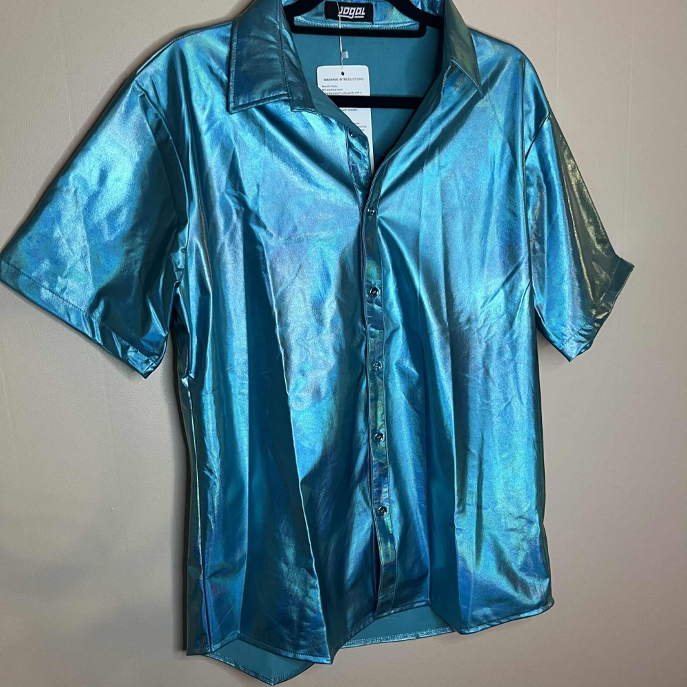 JOGAL Mens Metallic Shiny Blue Oilslick Disco Button Down Dress Shirt